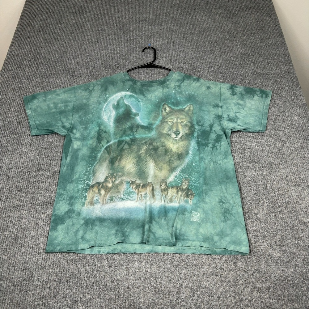Vintage Liquid Blue T-Shirt Mens XL Green Wolf Pack Moon Graphic Tie Dye 2000